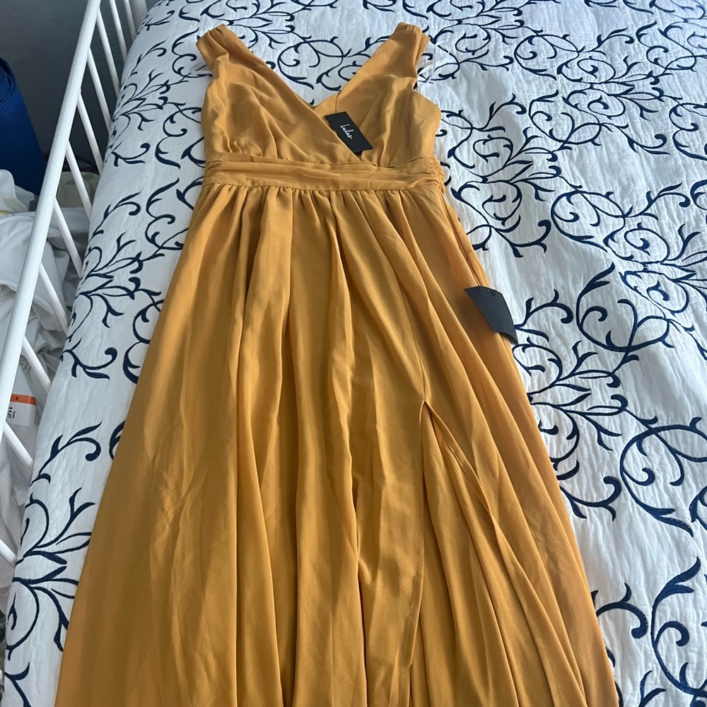 Lulu’s marigold chiffon evening dress